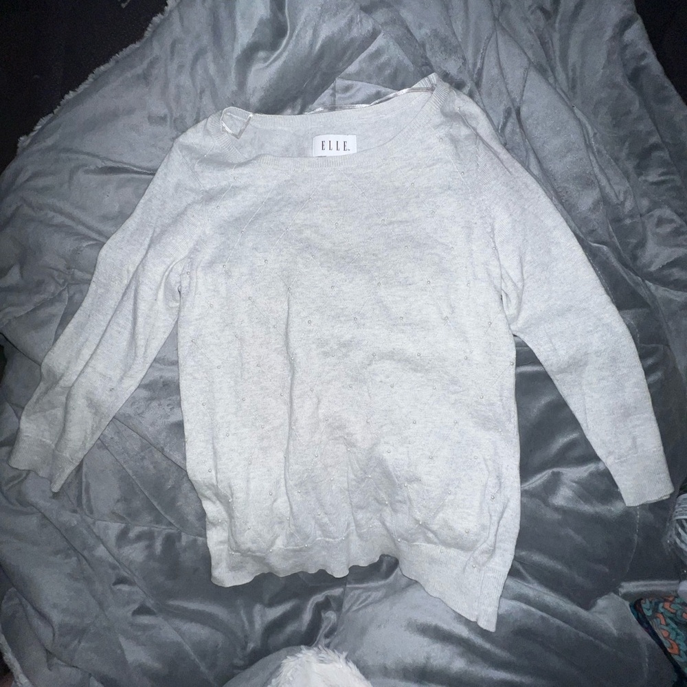 Elle Gray sweater with pearls small 3/4 length sleeves